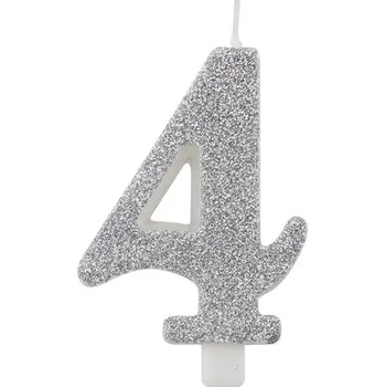 Dortová svíčka Svíčka číslo 4 stříbrná s glitrem gi50454