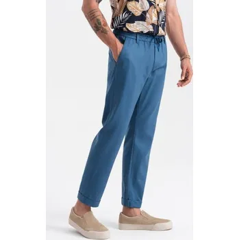 Pánské kalhoty Pánské kalhoty chino roll-up ze směsi lnu V5 OM-PACP-0198 modrá džínovina