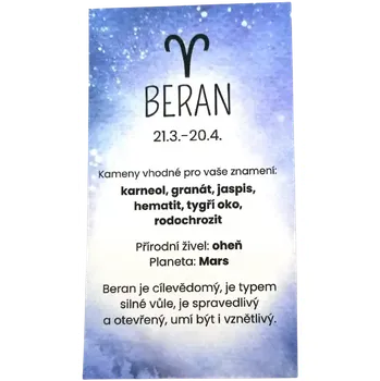 Kartička ke znamení Beran – esoterický průvodce vlastnostmi, planetou a minerály