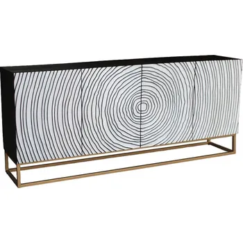 Příborník do zásuvky Designový art deco černo bílý příborník Tocón s metalickou zlatou podstavou a reliéfním zdobením čtyř dvířek 177 cm