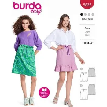 Střih Burda červený 5832 - sukně se stahováním v pase, mini sukně, tepláková sukně