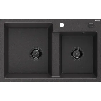 Granitový dřez Mexen Tomas žulový dřez 2-komorový 800 x 500 mm, černý tečkovaný, černý sifon - 6516802000-76-B Granitové dřezy
