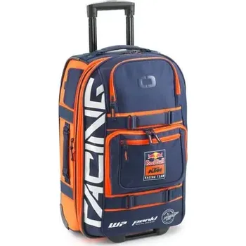 Cestovní taška Velká textilní cestovní motokrosová taška na kolečkách s teleskopickou rukojetí KTM REPLICA TEAM LAYOVER BAG objem 46 litrů, barva modrá/oranžová