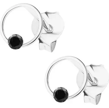 Náušnice Stříbrné 925 náušnice, černý kulatý krystal, lesklý tenký kroužek