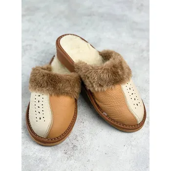 Dámské pantofle Dámské kožené papuče model 41 oranžové prošívané podpatek, VELIKOST 38