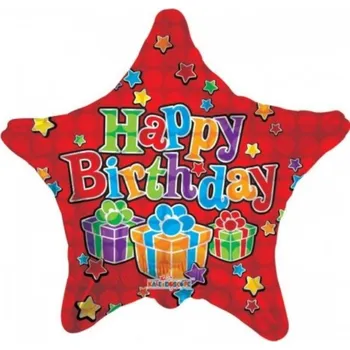 Foliový balonek hvězda - červený Happy Birthday s dárečky - 46 cm