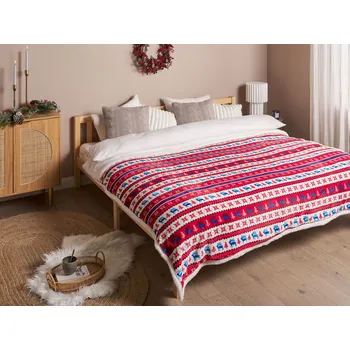 Přehoz na lůžko Deka, přehoz přes postel, červená s modrým flanelem 200 x 220 cm, oboustranný, načechraný vánoční vzor Beliani
