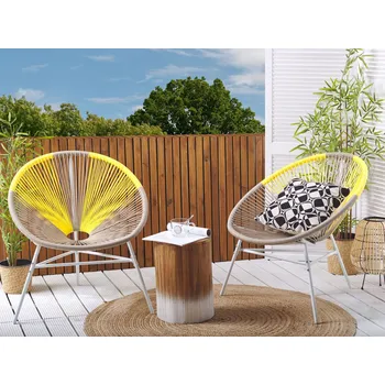 Sada 2 venkovních křesel béžová a žlutá umělý ratan pletená kulatá židle na balkon terasu moderní design Beliani