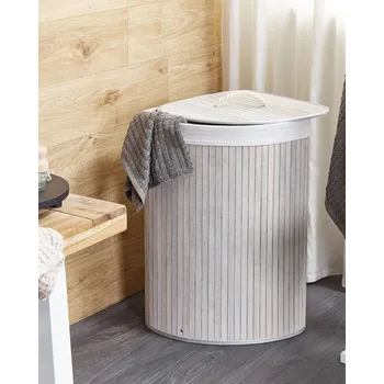 Koš na prádlo Úložný koš světle šedý bambusové dřevo s víkem koš na prádlo boho design doplňky do domácnosti Beliani