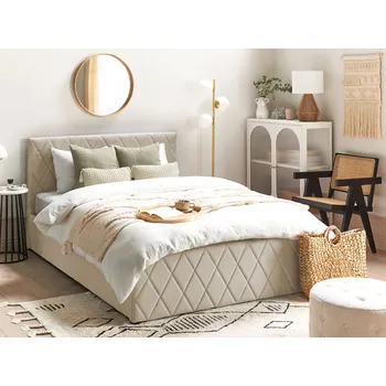 Postel Postel béžová sametová 140 x 200 cm čalouněná s úložným prostorem a roštem prošívané čelo Beliani