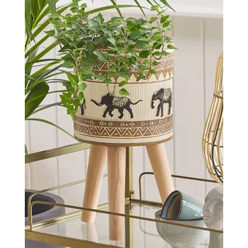 Květináč Květináč světle hnědý plast ze syntetické pryskyřice ⌀ 19 cm nohy vyrobené z bukového dřeva orientální boho vnitřní i venkovní použití Beliani