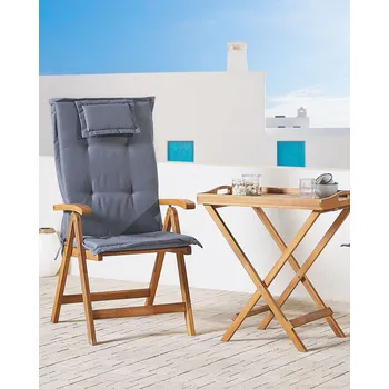 Sada 2 zahradních židlí hnědé akátové dřevo skládací nastavitelné polštáře z modrého textilního potahu rustikální venkovský styl Beliani