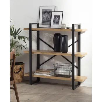 Knihovna Třístupňová knihovna ze světlého dřeva s černým kovovým rámem, otevřené police, minimalistický úložný prostor, kancelář, obývací pokoj Beliani