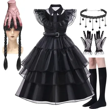 Karnevalový kostým Dětské černé šaty s tylem (kostým) Wednesday Addams + doplňky Barva: Set D, Velikost: 120