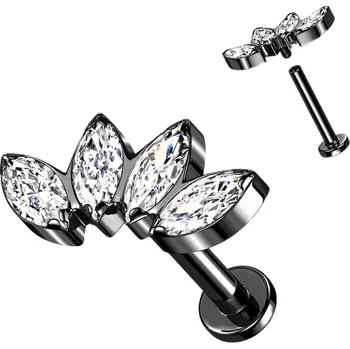 Piercing Atreya Titanová labreta s vnitřním závitem a 4 zirkony Leticia Barva: Černá / Čirá, Délka / Průměr: 6 mm