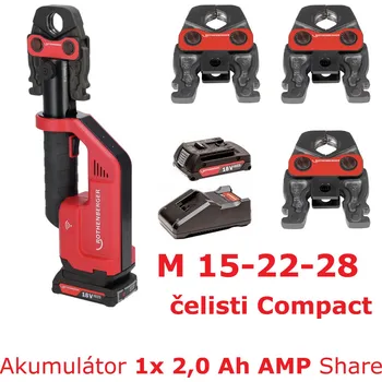 Dílenský lis Rothenberger Lisovačka Romax Compact III AMP + 1x 2Ah + M 15-22-28, 1000004274 na uhlíkovou ocel (Rothenberger 1000004274 Romax Compact III AMP 2024 Lis na trubky z uhlíkové oceli, set 3 M čelisti 15-22-28 + 1x AKU 2,0 Ah AMP Share)