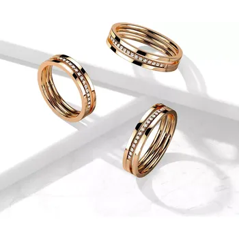 Prsten Prsten z nerezové oceli - trojitá linie, čirý zirkon, růžové zlato - Velikost: 49