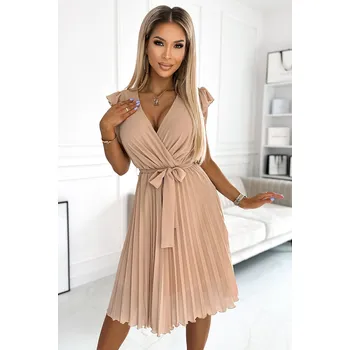 Oblečení a móda Béžové plisované šaty s výstřihem a volánky JINNY 374-5 Velikost: M