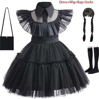 Karnevalový kostým Dětské černé šaty s tylem a límečkem (kostým) Wednesday Addams + doplňky Barva: set 4 ks, Velikost: 5 rok, vel. 120