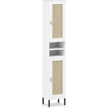 Koupelnový nábytek Bílá vysoká skříňka do koupelny masiv borovice a ratan Sibony