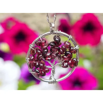 Šperk Granát almadin přívěsek strom života bižuterní kov