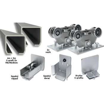 Pohon brány Sada 98x98x5 pro výrobu samonosných posuvných bran do šířky průjezdu 6,5 m Zn, 5 válečkových vozíků