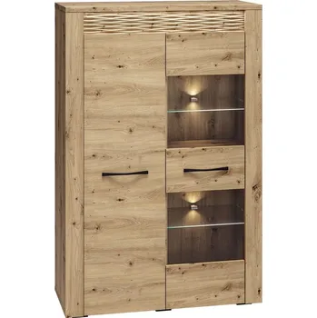 Komoda Komoda s vitrínou PATENS 2-dveřová nízká s LED osvětlením, dub artisan