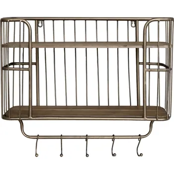 police Mosazná antik kovová nástěnná polička s háčky Old Shelf - 52*20*45 cm