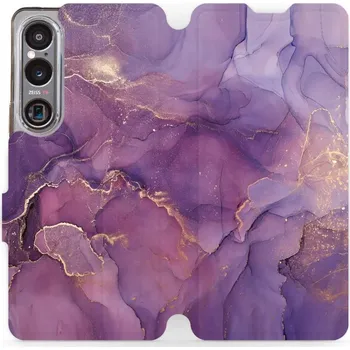 Pouzdro na mobilní telefon Flipové pouzdro Mobiwear - Sony Xperia 1 VI - VP20S Fialový mramor (Knížkové flip pouzdro, obal, kryt na mobil Sony Xperia 1 VI - VP20S Fialový mramor, materiál Umělá kůže + TPU - ochrana 360°, stojánek, silikonová vanička, magnetické zavírání)
