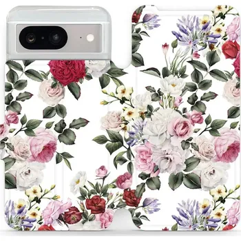 Pouzdro na mobilní telefon Flipové pouzdro Mobiwear - Google Pixel 8 - MD01S Růže na bílé (Knížkové flip pouzdro, obal, kryt na mobil Google Pixel 8 - MD01S Růže na bílé, materiál Umělá kůže + TPU - ochrana 360°, stojánek, silikonová vanička, magnetické zavírání)