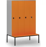 B2B Partner Dřevěná šatní skříňka S4 s lavičkou, 4 oddíly, 1871 x 1200 x 500/800 mm, demont, RFID zámek, šedá/oranžová