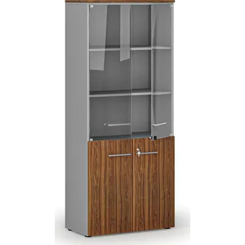 Policová skříň B2B Partner Kombinovaná kancelářská skříň PRIMO GRAY s dřevěnými a skleněnými dveřmi, 800 x 420 x 1781 mm, šedá/ořech