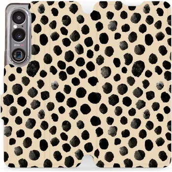 Pouzdro na mobilní telefon Flipové pouzdro Mobiwear - Sony Xperia 1 VI - VA50S Černé puntíky (Knížkové flip pouzdro, obal, kryt na mobil Sony Xperia 1 VI - VA50S Černé puntíky, materiál Umělá kůže + TPU - ochrana 360°, stojánek, silikonová vanička, magnetické zavírání)