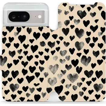 Pouzdro na mobilní telefon Flipové pouzdro Mobiwear - Google Pixel 8 - VA51S Černá srdíčka (Knížkové flip pouzdro, obal, kryt na mobil Google Pixel 8 - VA51S Černá srdíčka, materiál Umělá kůže + TPU - ochrana 360°, stojánek, silikonová vanička, magnetické zavírání)