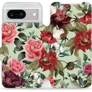 Pouzdro na mobilní telefon Flipové pouzdro Mobiwear - Google Pixel 8 - MD06P Růže a květy na světle zelené (Knížkové flip pouzdro, obal, kryt na mobil Google Pixel 8 - MD06P Růže a květy na světle zelené, materiál Umělá kůže + TPU - ochrana 360°, stojánek, silikonová vanička,)