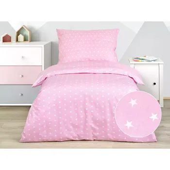 Povlečení Dětské bavlněné povlečení - bílé hvězdy na růžové 140x200+70x90