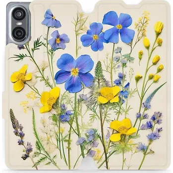 Pouzdro na mobilní telefon Flipové pouzdro Mobiwear - Sony Xperia 10 VI - VP41S Modré a žluté kvítky (Knížkové flip pouzdro, obal, kryt na mobil Sony Xperia 10 VI - VP41S Modré a žluté kvítky, materiál Umělá kůže + TPU - ochrana 360°, stojánek, silikonová vanička, magnetické zavírá