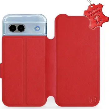 Telefonní příslušenství Kožené flip pouzdro Mobiwear - Google Pixel 8A - Červené (Kožené knížkové pouzdro, obal, kryt na mobil Google Pixel 8A, Červené, materiál Genuine Leather, ochrana 360°, stojánek, silikonová vanička, magnetické zavírání)