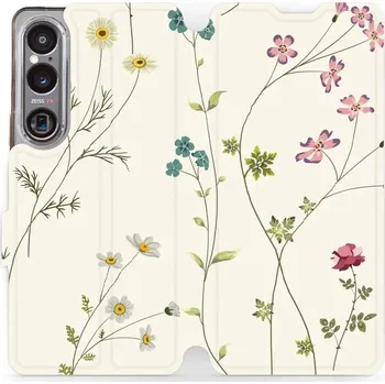 Pouzdro na mobilní telefon Flipové pouzdro Mobiwear - Sony Xperia 1 VI - MD03S Tenké rostlinky s květy (Knížkové flip pouzdro, obal, kryt na mobil Sony Xperia 1 VI - MD03S Tenké rostlinky s květy, materiál Umělá kůže + TPU - ochrana 360°, stojánek, silikonová vanička, magnetické)