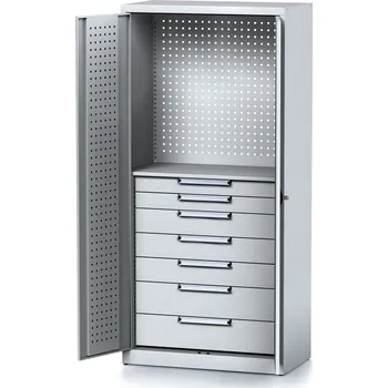 Alfa 3 Policová dílenská skříň 2-dveřová MECHANIC, 1 police, 7 zásuvek, 920 x 500 x 1950 mm, šedé dveře