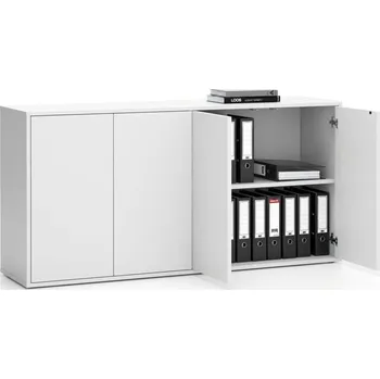 Policová skříň PLAN Kancelářská skřínka s dveřmi LAYERS, dlouhá, 1582 x 400 x 777 mm, bílá