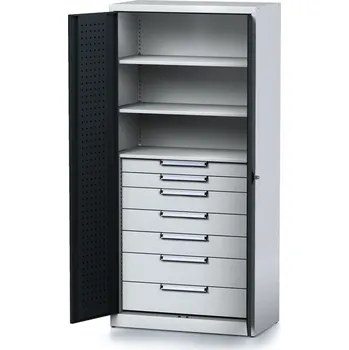 Alfa 3 Policová dílenská skříň 2-dveřová MECHANIC, 3 police, 7 zásuvek, 920 x 500 x 1950 mm, antracitové dveře