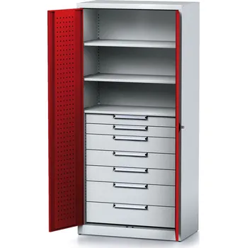 Alfa 3 Policová dílenská skříň 2-dveřová MECHANIC, 3 police, 7 zásuvek, 920 x 500 x 1950 mm, červené dveře