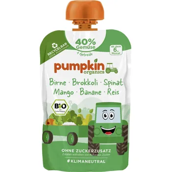 Pumpkin Organics BIO Zeleninové pyré - Hruška, brokolice, špenát, mango, banán, rýže, 6. měsíc, 100 g
