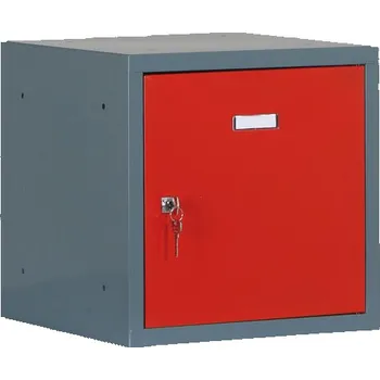 Šatní skříň Alfa 3 Šatní skříňka S6 s uzamykatelným boxem 300 x 300 x 300 mm, cylindrický zámek, tmavě šedá, červené dveře