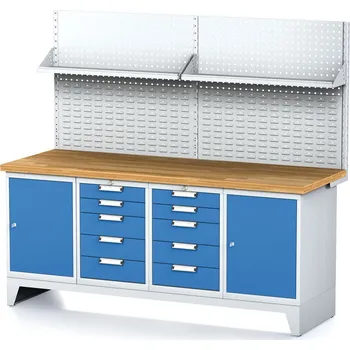 Dílenský stůl Alfa 3 Dílenský stůl MECHANIC I, perforovaný panel, police, 2 skříňky a 2 zásuvkové boxy na nářadí, 10 zásuvek, 2000x685x880 mm, modré dveře