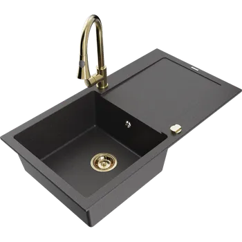 Granitový dřez Mexen Leo granitový jednodřez s odkapávačem a kuchyňskou baterií Elia, černý skvrnitý - 6501-76-670101-50 Granitové dřezy s baterií