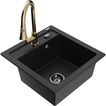 Granitový dřez Mexen Vito granitový dřez 1-komorový s kuchyňskou baterií Elia, černý - 6503-77-670101-50-B Granitové dřezy s baterií