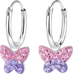 Dětské stříbrné náušnice kroužky s růžovo fialovým motýlkem Ag 925/1000