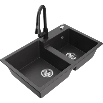 Granitový dřez Mexen Tomas dřez žulový 2-komorový s kuchyňskou baterií Elia, černý puntíkovaný - 6516-76-670101-70 Granitové dřezy s baterií
